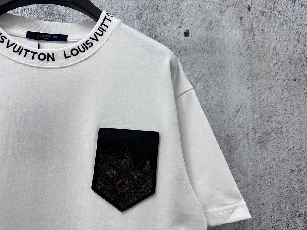 Embroidered collar, small leather pocket, short sleeved, unisex