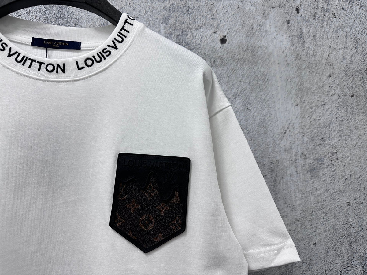 Embroidered collar, small leather pocket, short sleeved, unisex