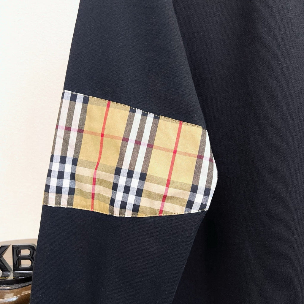 Embroidered letter arm plaid patchwork round neck hoodie