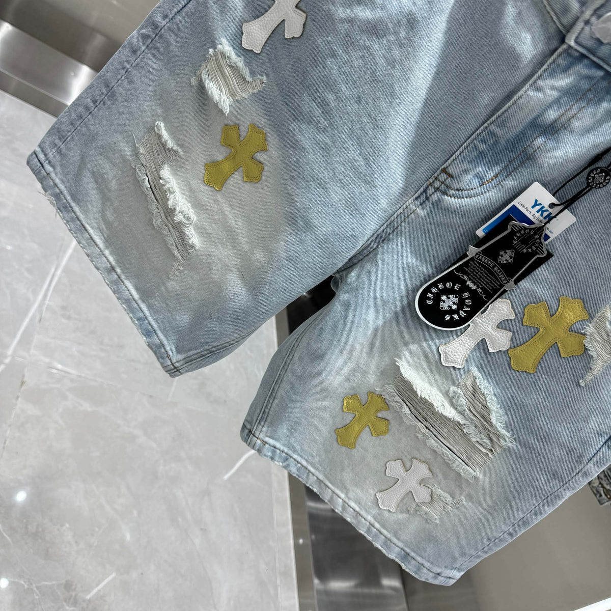 Spring and summer new cross denim shorts made of split leather