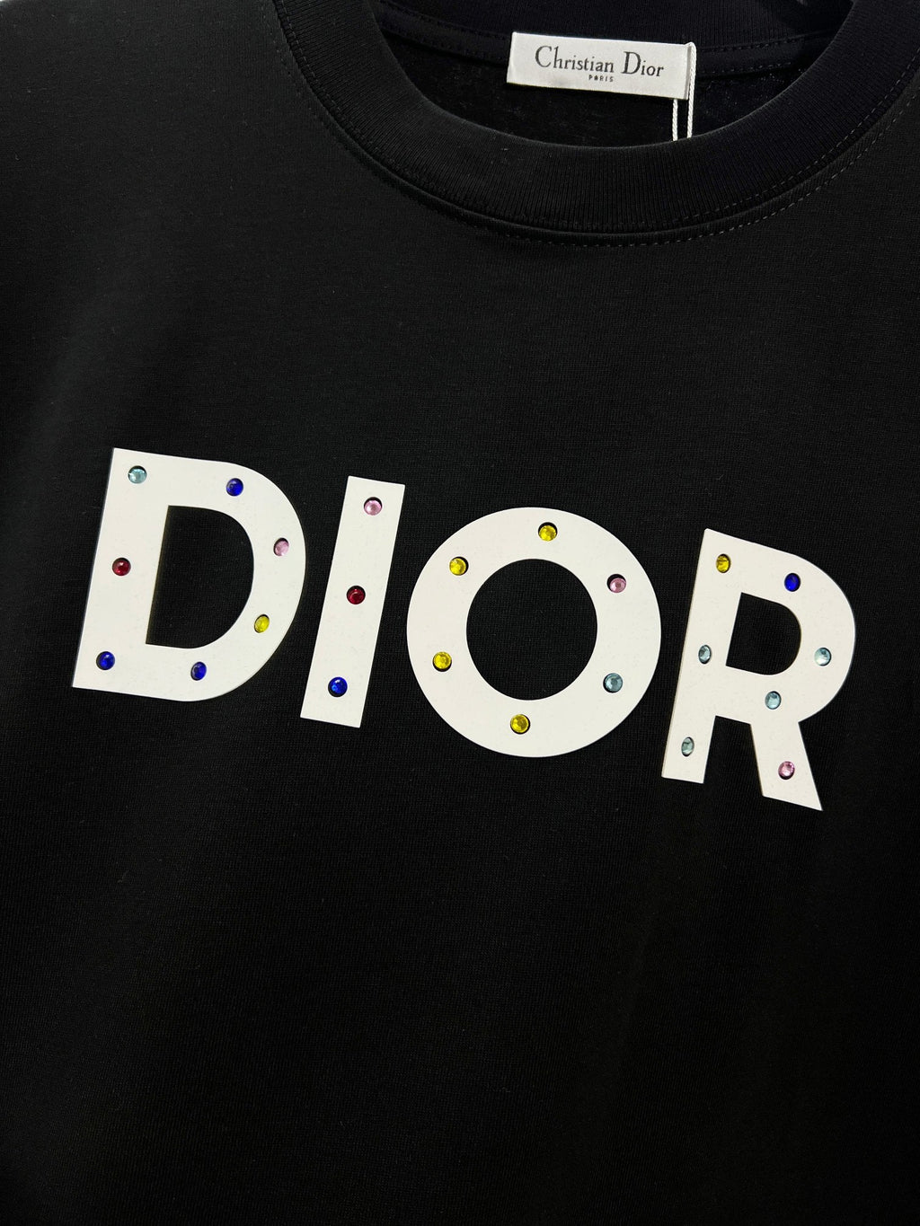 Colorful diamond embellished offset letter round neck T-shirt