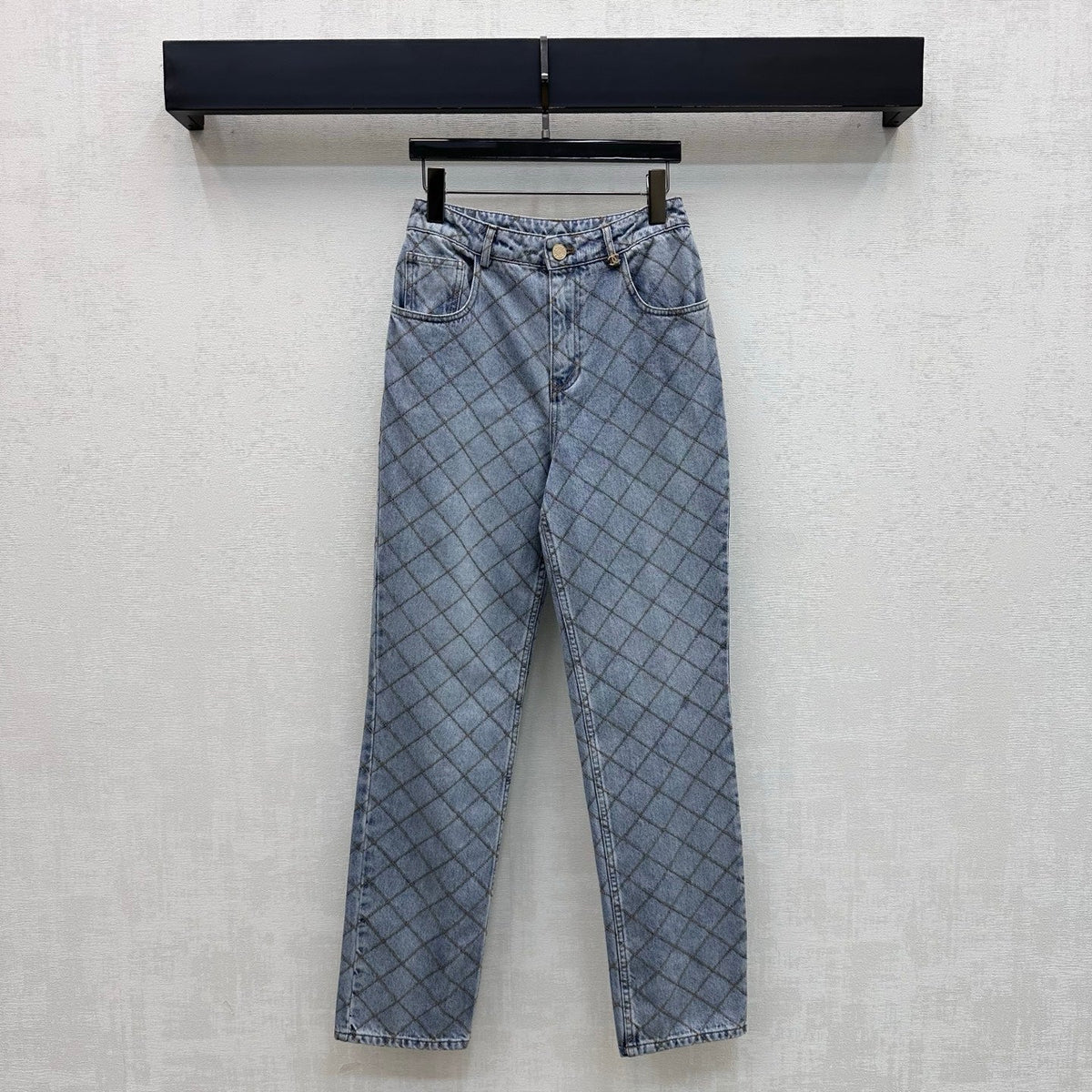 Quilted Denim Trousers with Chain Detail