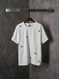 Four leaf clover embroidery pattern cotton loose round neck short sleeved T-shirt