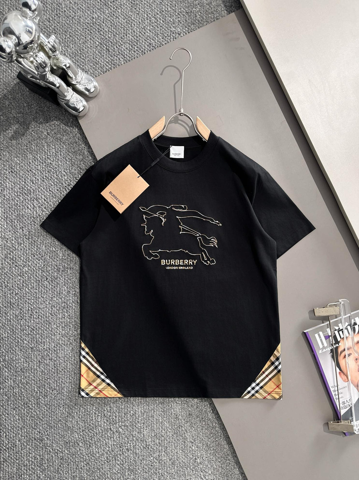 Bottom plaid fabric patchwork unisex short sleeved t-shirt