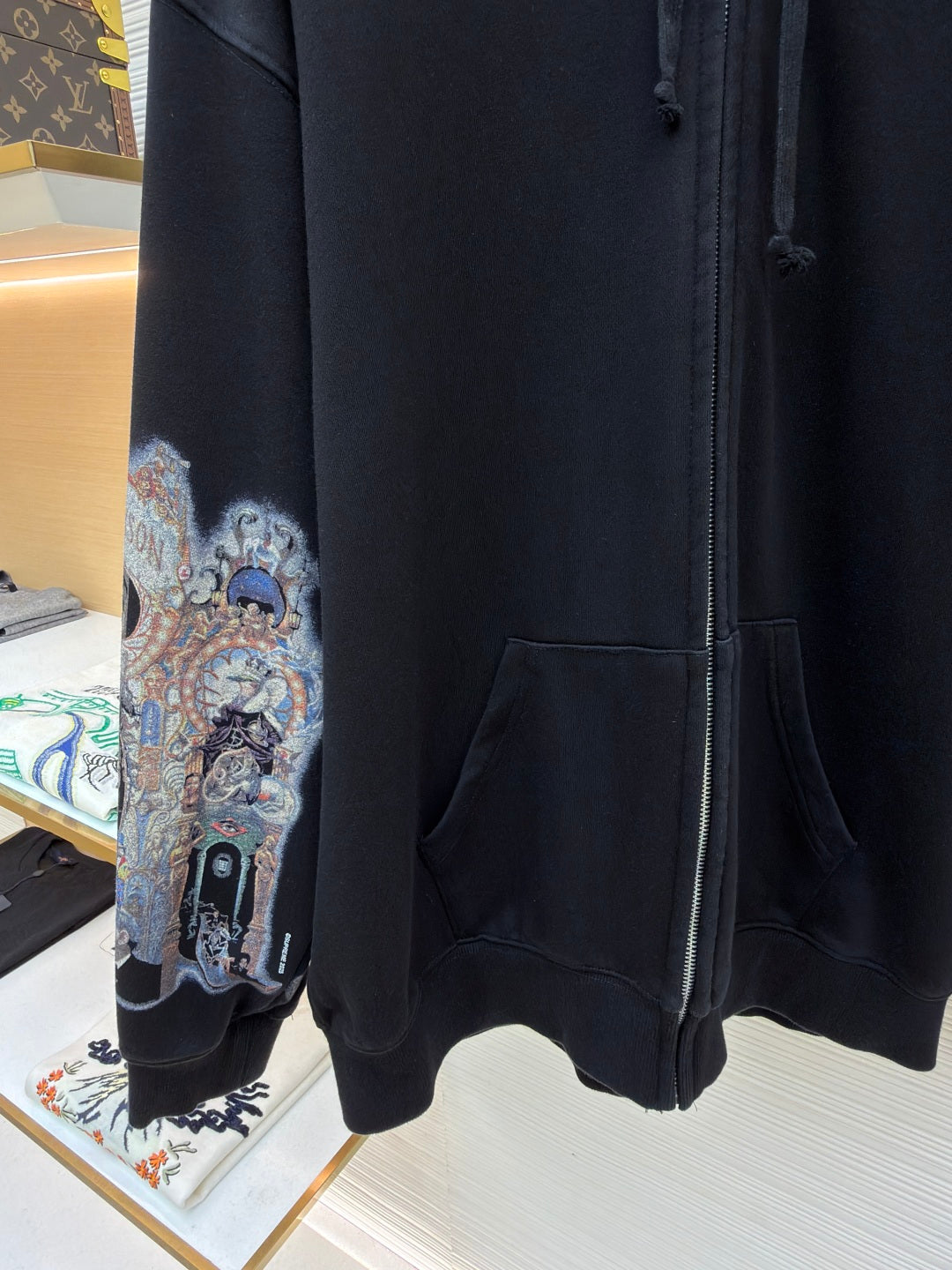 Sleeve eye print pattern hooded zipper sweatshirt