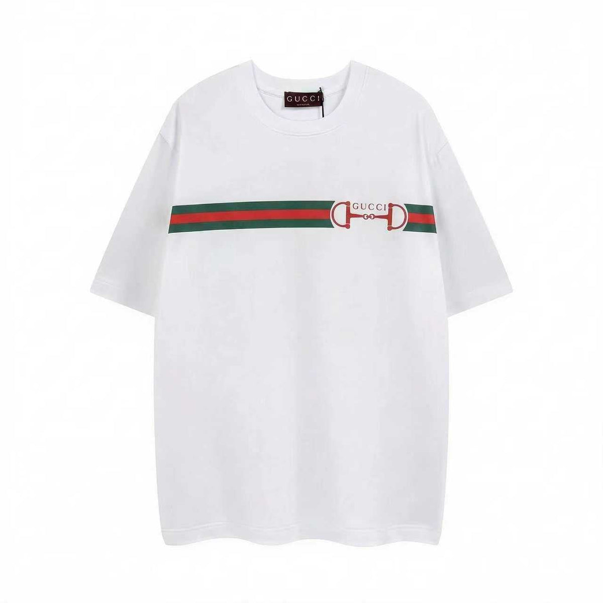 Classic red and green color scheme with horseneck buckle letter printed short sleeved T-shirt