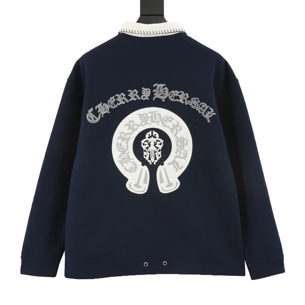 Horseshoe embroidery lapel long sleeved polo shirt