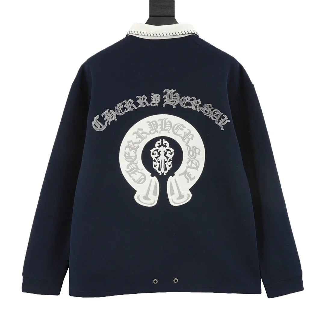 Horseshoe embroidery lapel long sleeved polo shirt