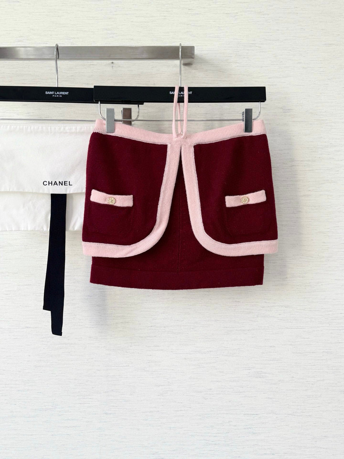 Pure wool, custom-colored and dyed, contrast-colored stitching, and camisole