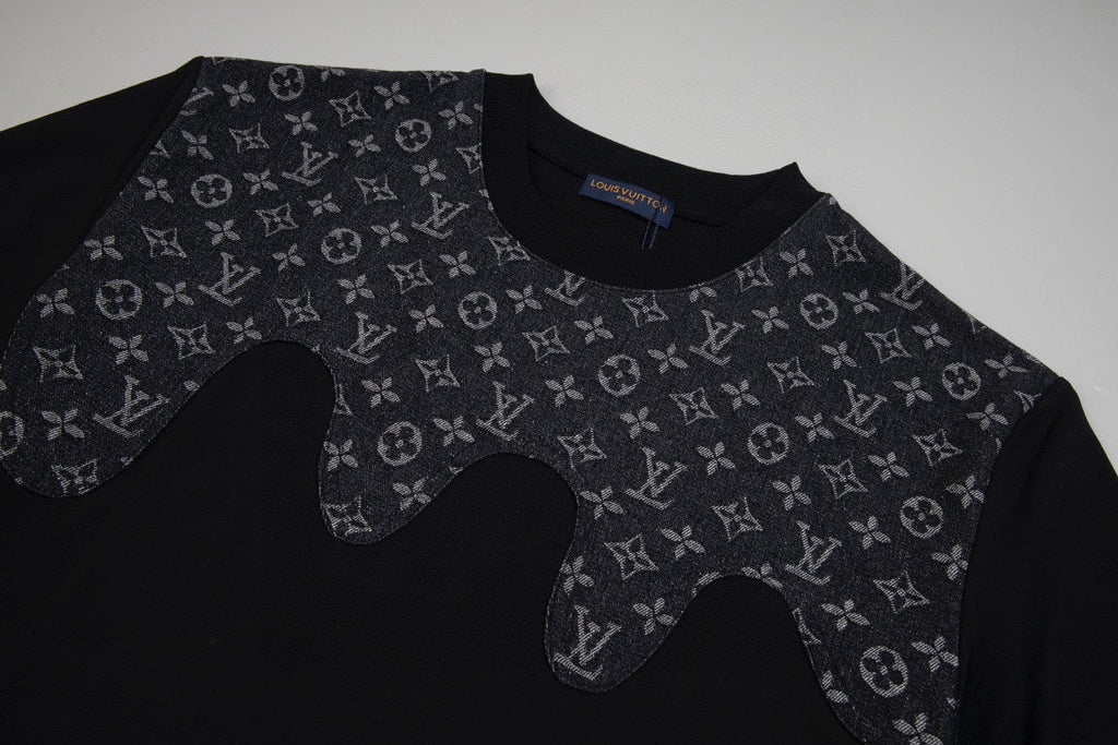 Heavy craftsmanship single item splicing denim wave patch embroidery spring and summer new style short sleeved T-shirt