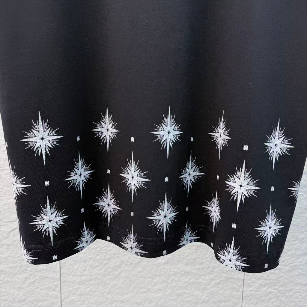 Hexagonal star print+embroidered round neck short sleeved T-shirt