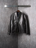 V-neck diagonal zipper used leather jacket