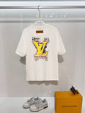 Three dimensional golden small LOGO color blocked offset printing pattern letter round neck T-shirt