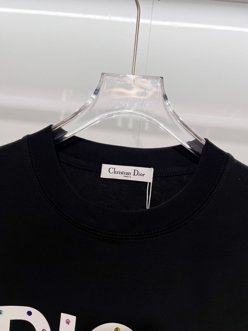 Colorful diamond embellished offset letter round neck T-shirt
