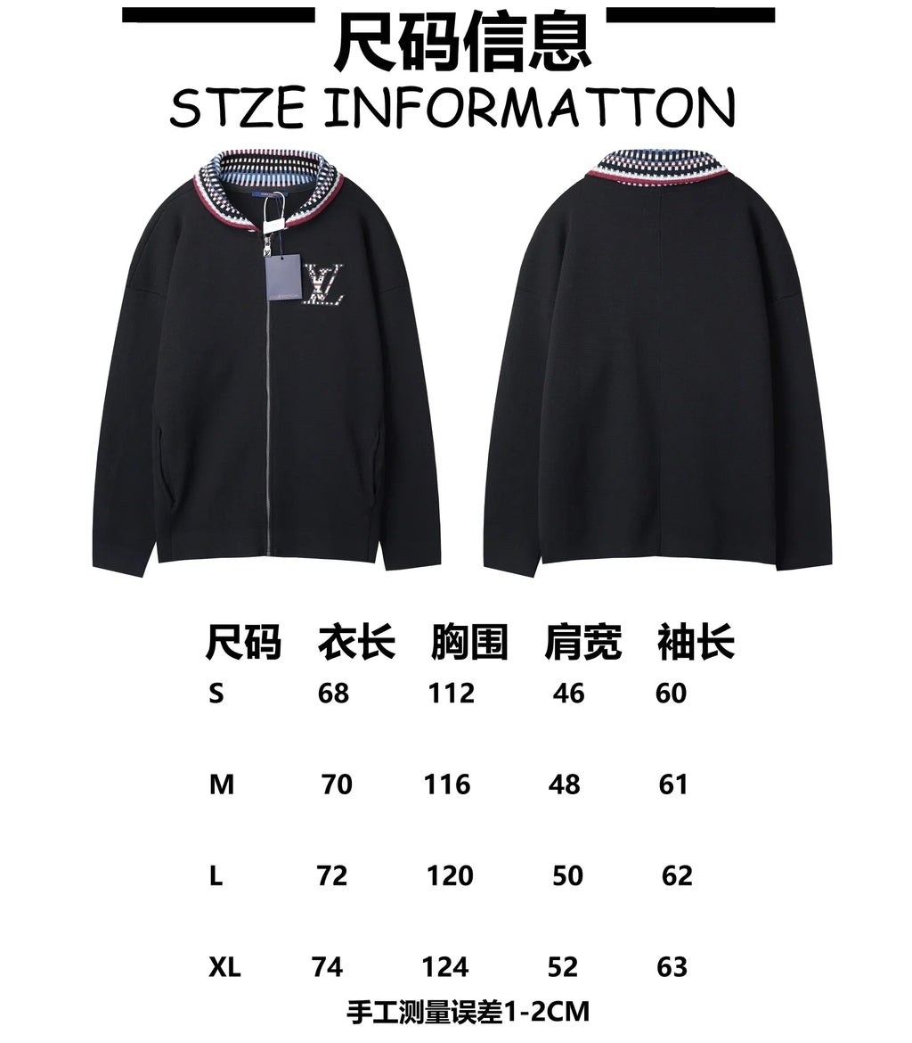 Knitted zipper jacket with grid collar and letter stickers