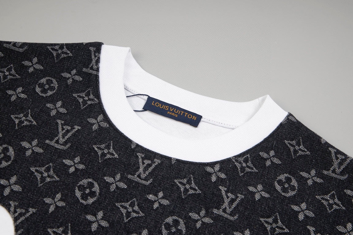 Heavy craftsmanship single item splicing denim wave patch embroidery spring and summer new style short sleeved T-shirt