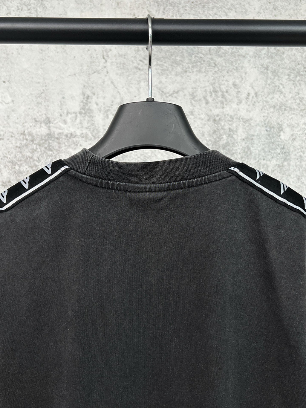 Artistic woven ribbon embellishment, washed and worn short sleeved T-shirt