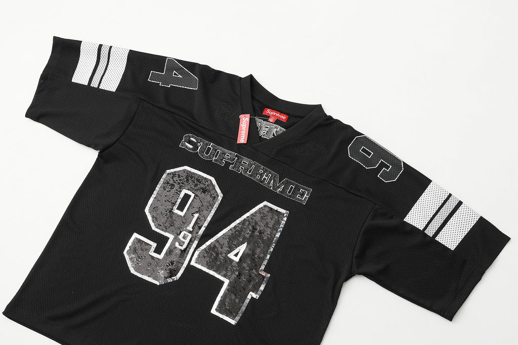 Sequin decal short sleeved casual football jersey for both men and women