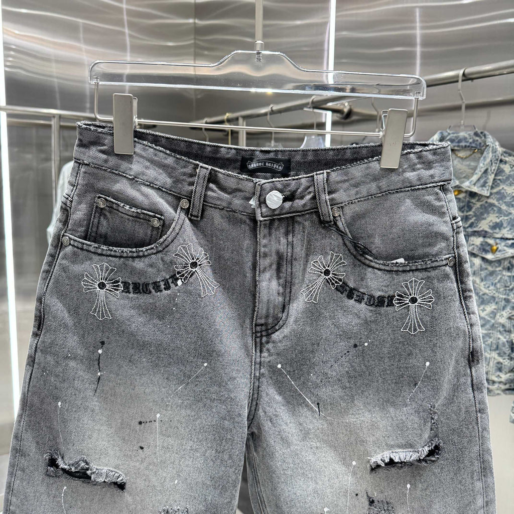 Spring and summer new cross denim shorts made of split leather