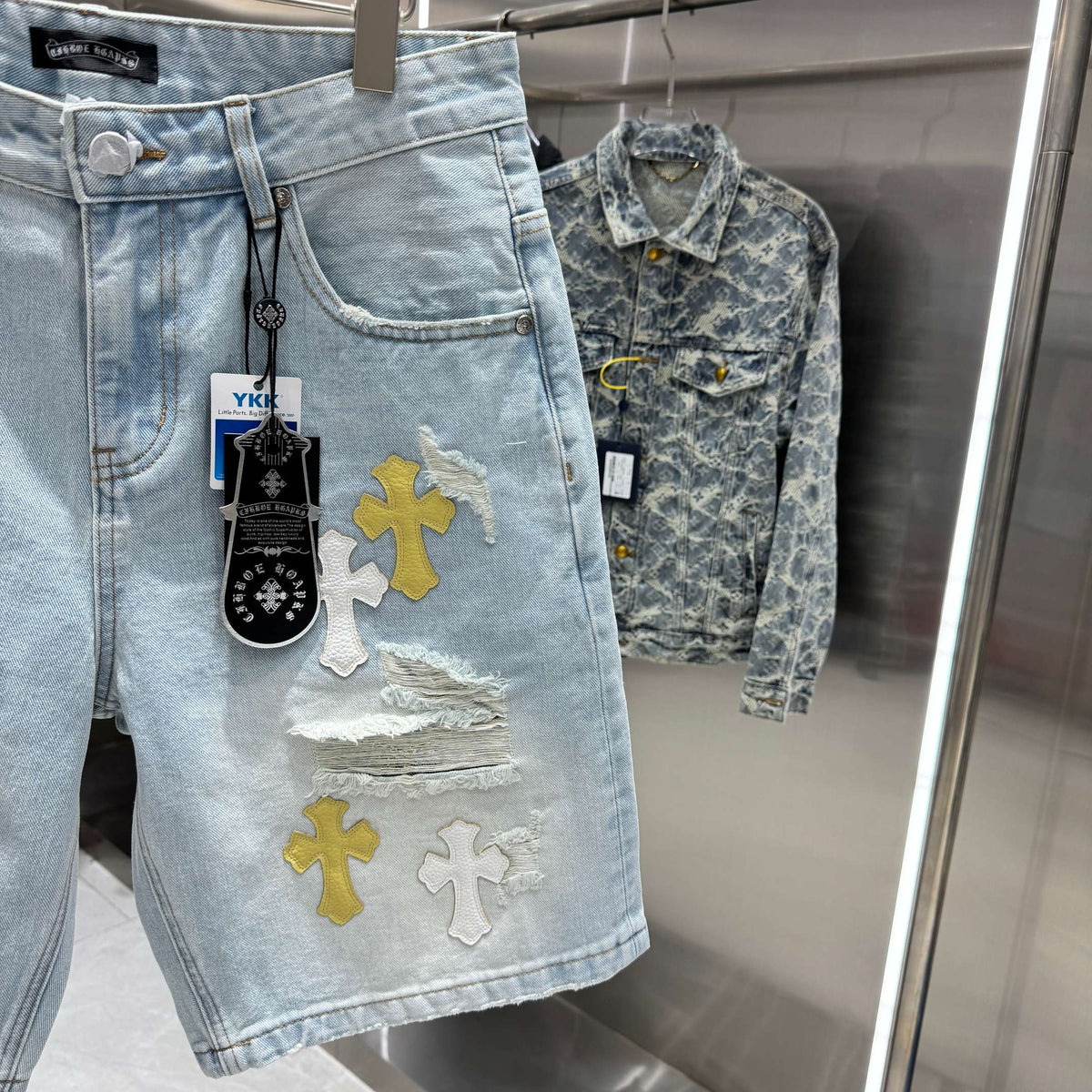 Spring and summer new cross denim shorts made of split leather