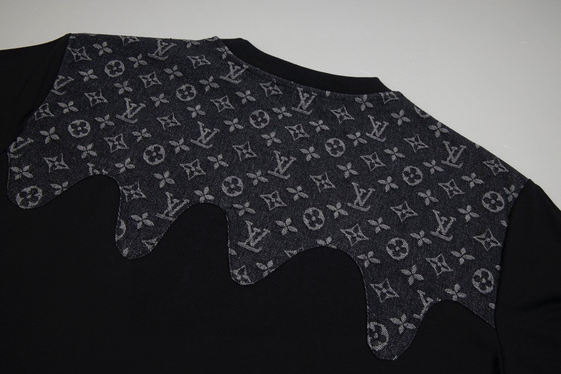 Heavy craftsmanship single item splicing denim wave patch embroidery spring and summer new style short sleeved T-shirt