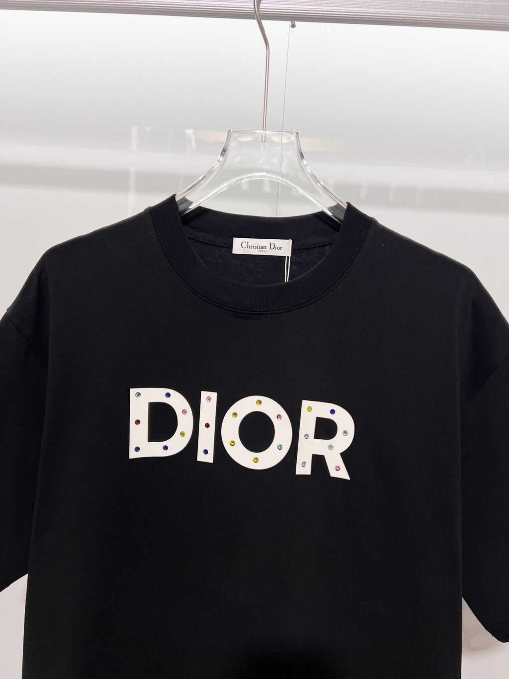 Colorful diamond embellished offset letter round neck T-shirt