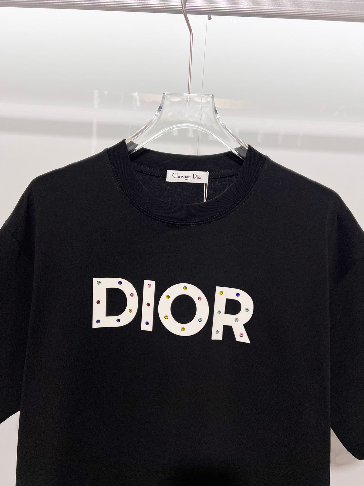Colorful diamond embellished offset letter round neck T-shirt