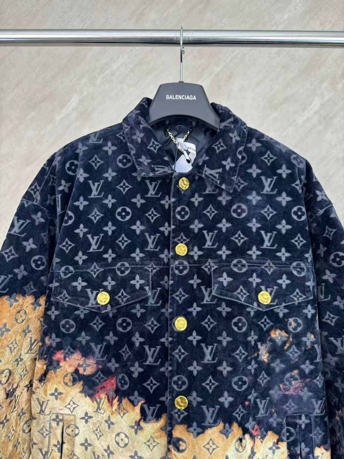 Burnt Fade Pattern Denim Matching Set | Long Sleeve Trucker Jacket + Wide Leg Pants