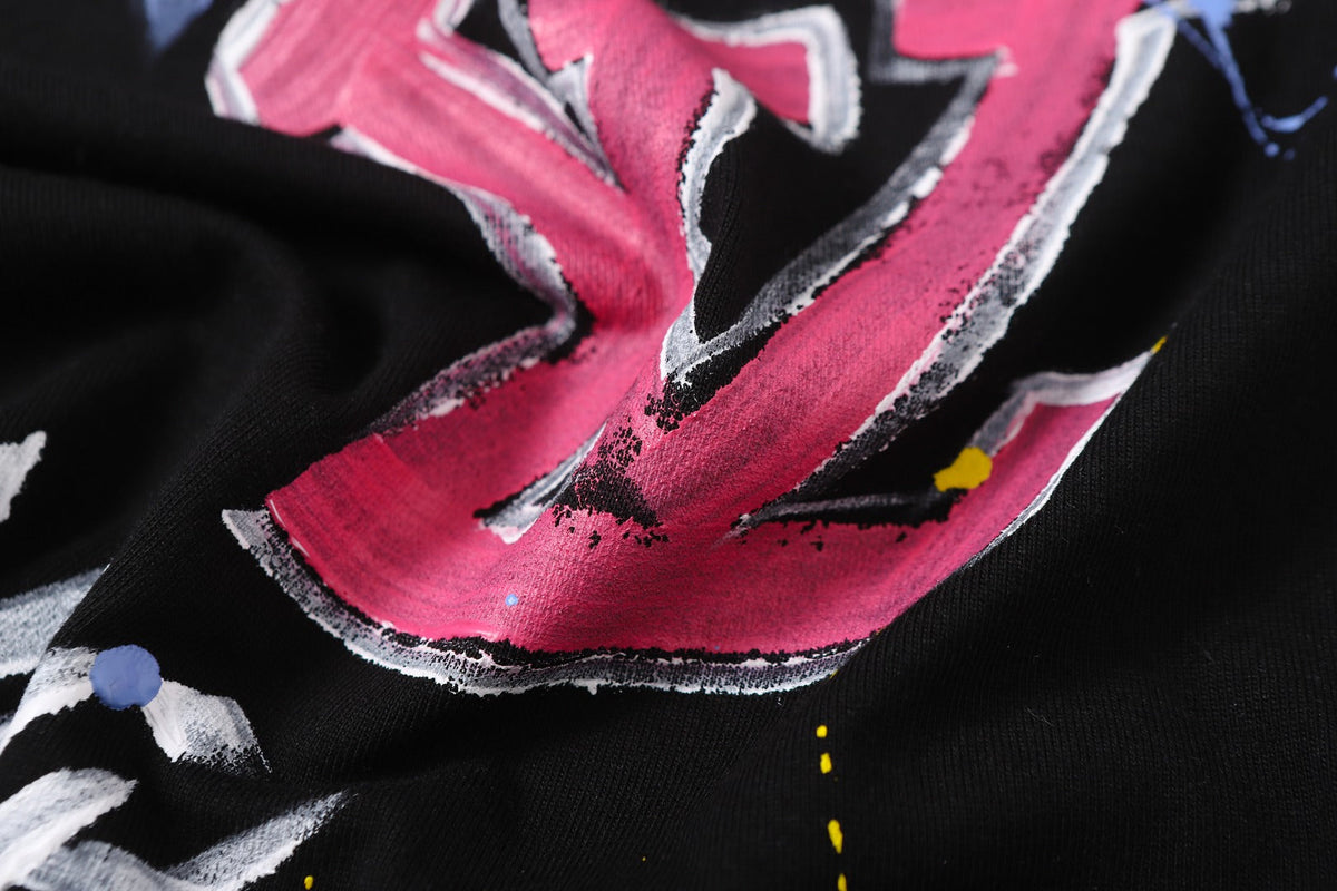 Hand drawn graffiti, splashed ink letters, logo, short sleeved T-shirt