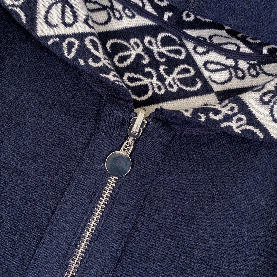 Full printed jacquard double-sided hooded zipper jacket sweater