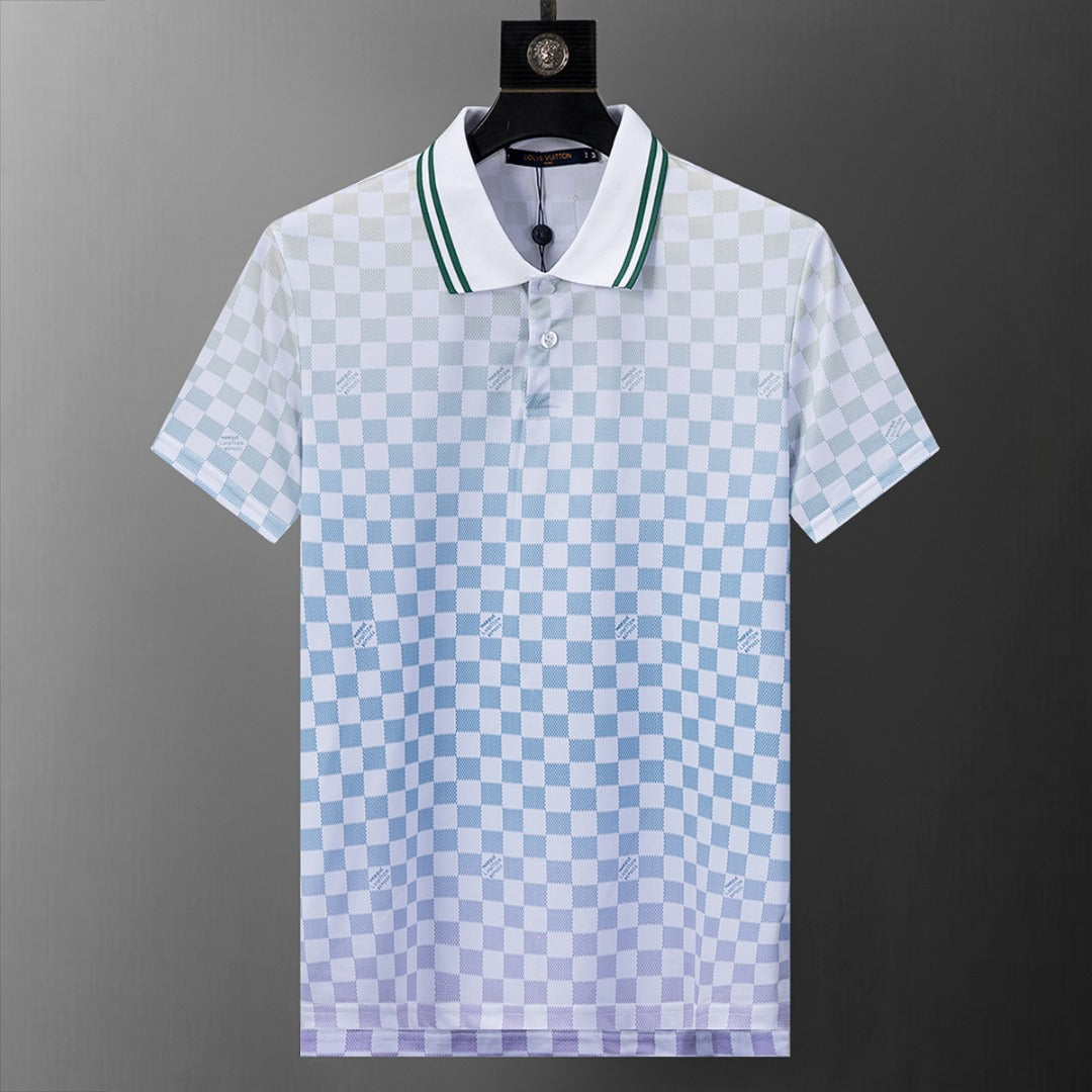 Gradient checkerboard printed lapel T-shirt