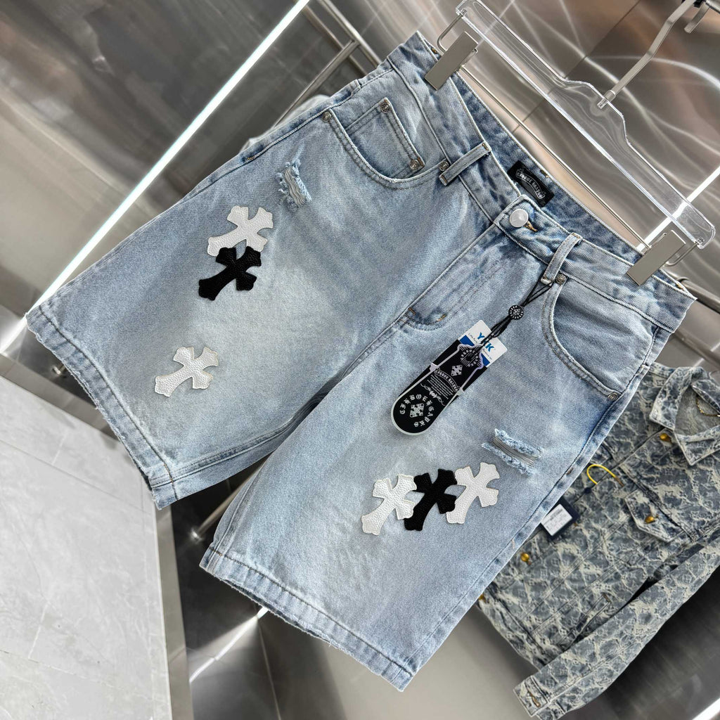 Spring and summer new cross denim shorts made of split leather