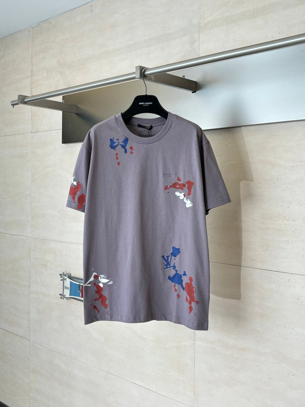 Hand drawn ink splatter printed round neck short sleeved T-shirt