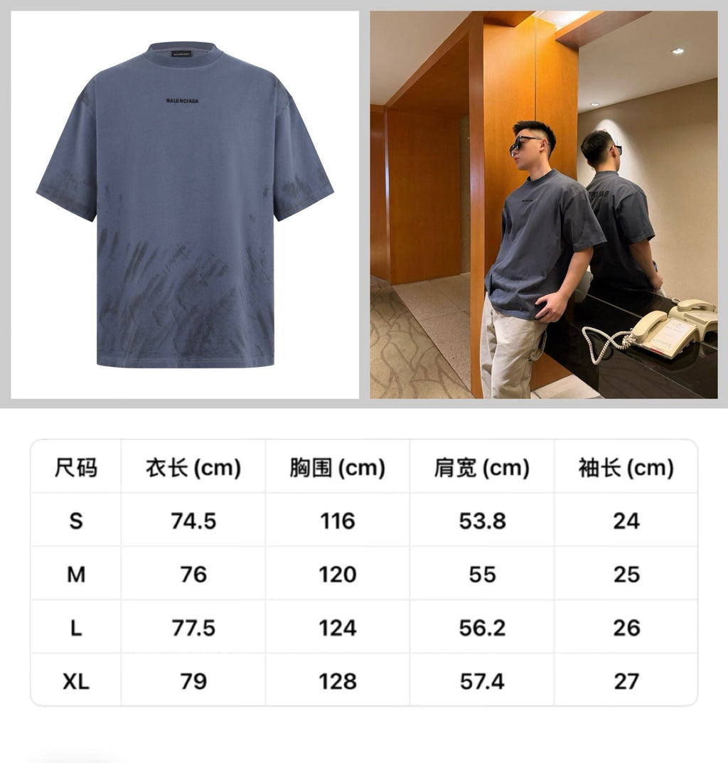 Color fading effect round neck embroidered short sleeved T-shirt