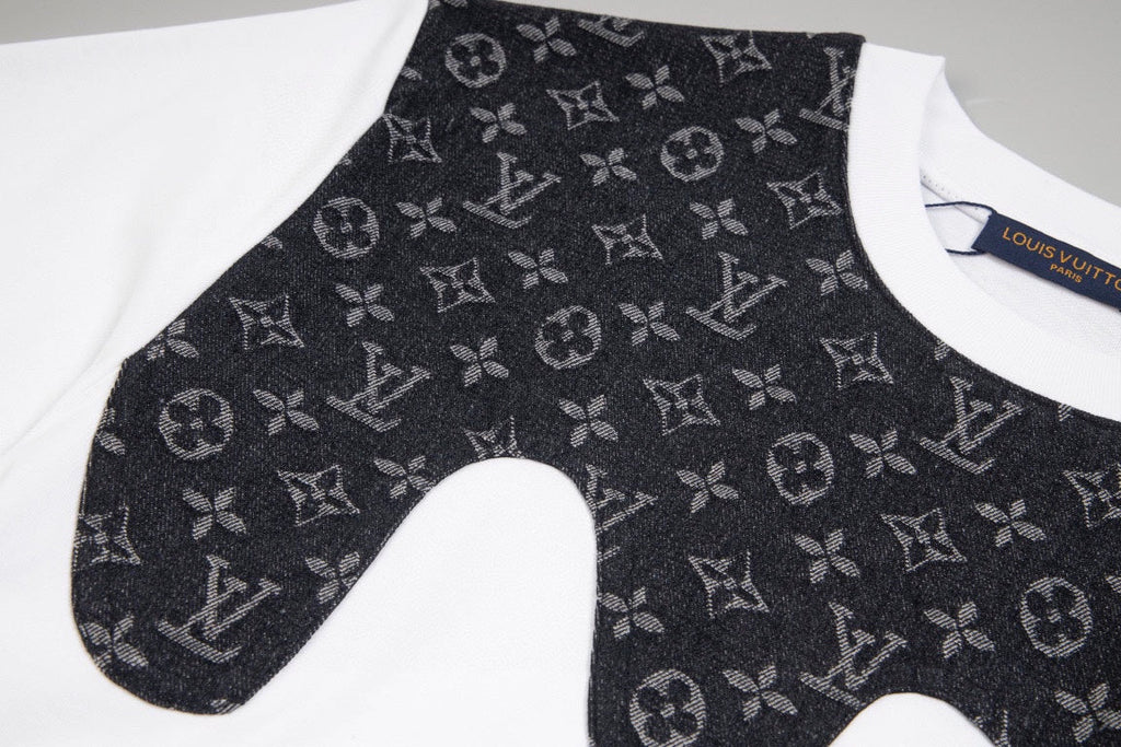 Heavy craftsmanship single item splicing denim wave patch embroidery spring and summer new style short sleeved T-shirt