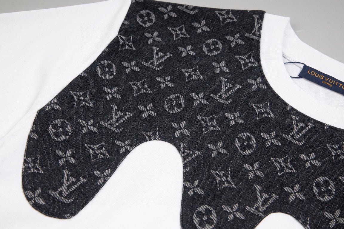 Heavy craftsmanship single item splicing denim wave patch embroidery spring and summer new style short sleeved T-shirt