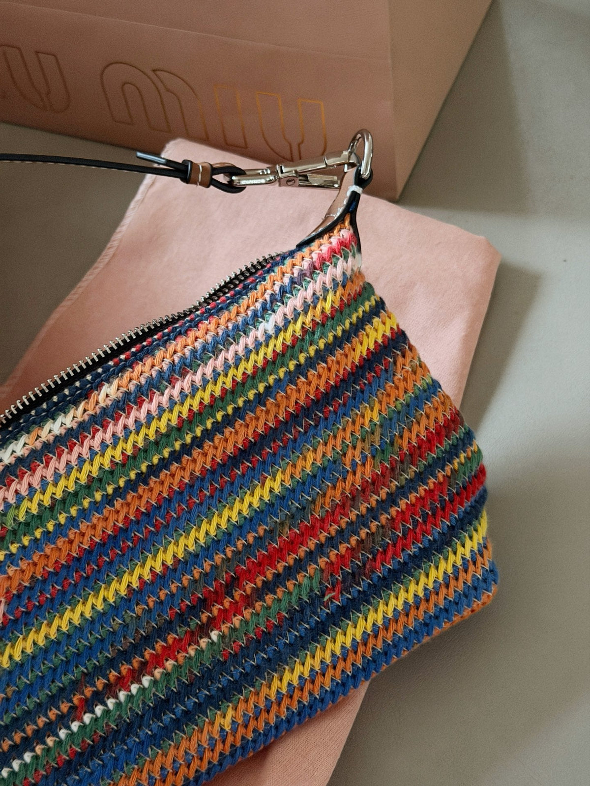 Rainbow colored woven lunch box bag