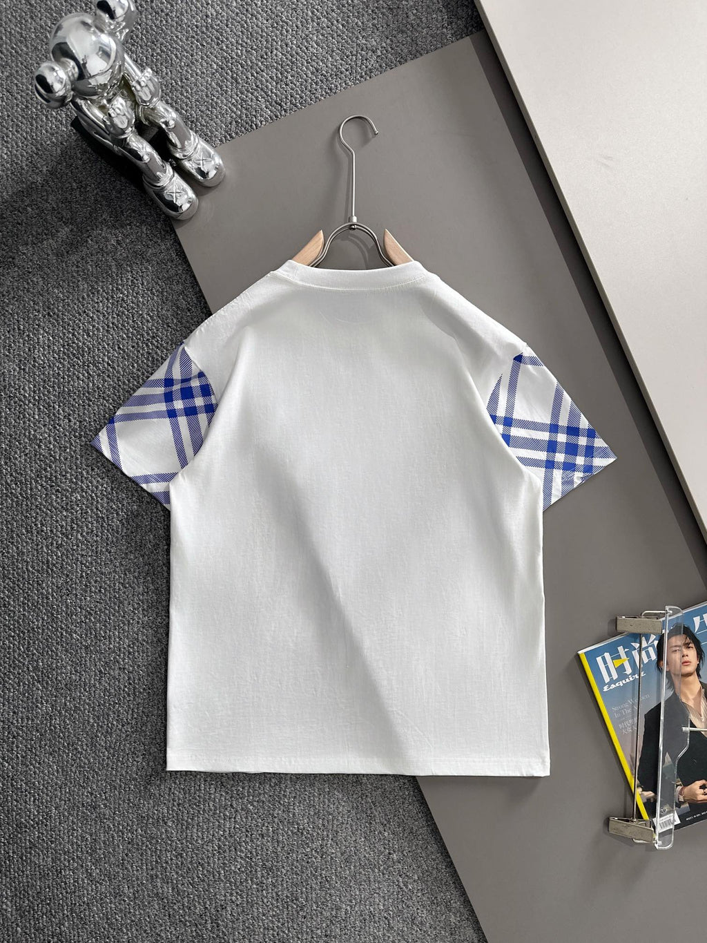 Plaid embroidered patchwork short sleeved t-shirt