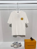 Chest patch splicing yellow adhesive tape offset letter round neck T-shirt