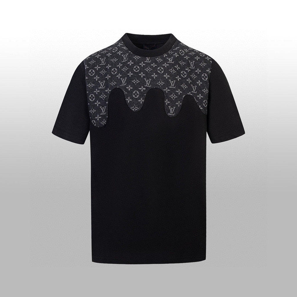 Heavy craftsmanship single item splicing denim wave patch embroidery spring and summer new style short sleeved T-shirt