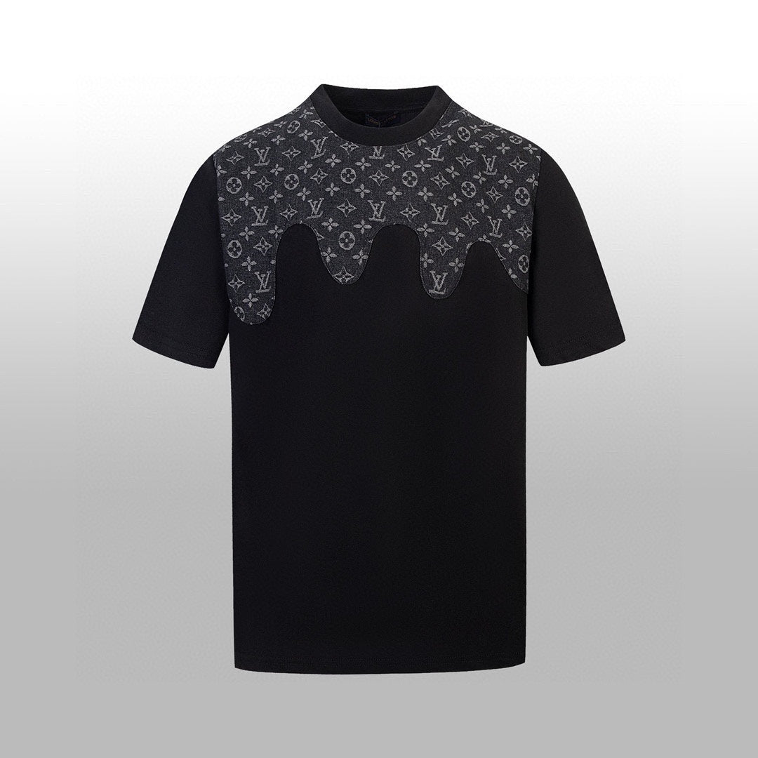 Heavy craftsmanship single item splicing denim wave patch embroidery spring and summer new style short sleeved T-shirt
