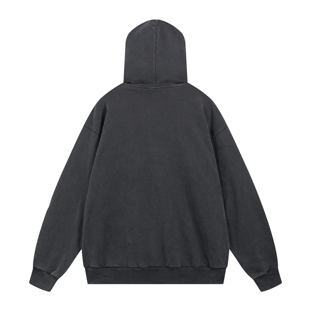 Two tone fuzzy printed washed water used hooded sweatshirt