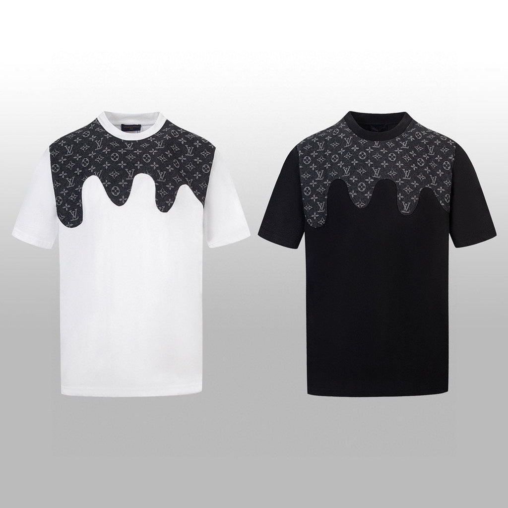 Heavy craftsmanship single item splicing denim wave patch embroidery spring and summer new style short sleeved T-shirt