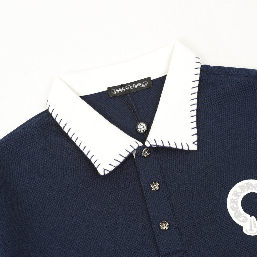 Horseshoe embroidery lapel long sleeved polo shirt