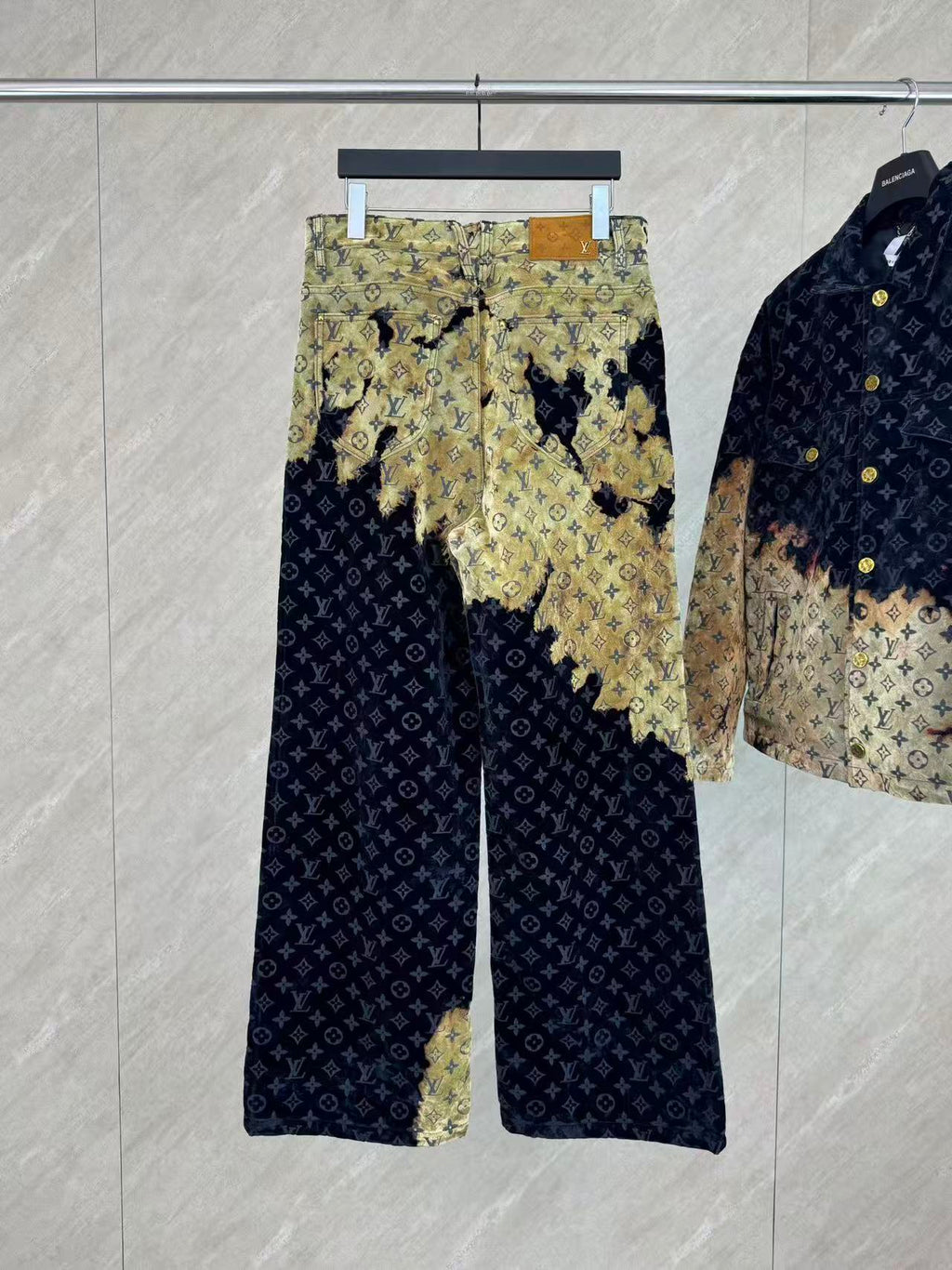 Burnt Fade Pattern Denim Matching Set | Long Sleeve Trucker Jacket + Wide Leg Pants