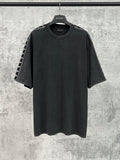 Artistic woven ribbon embellishment, washed and worn short sleeved T-shirt