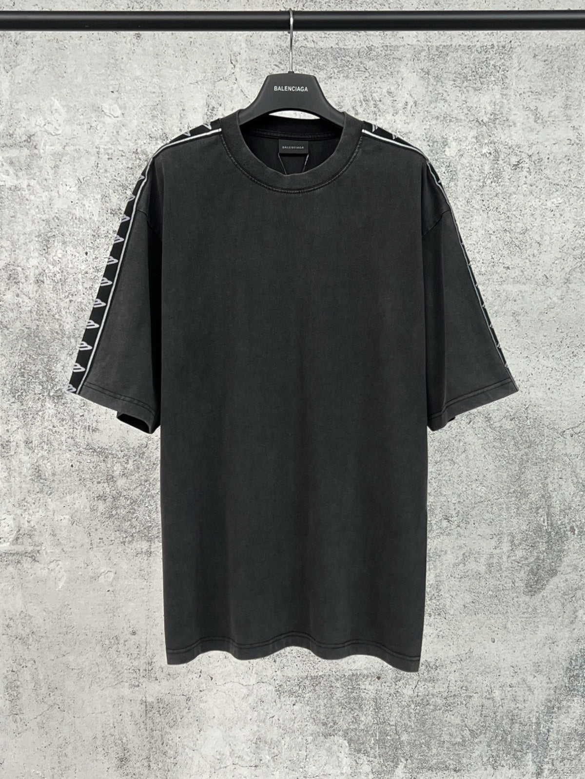 Artistic woven ribbon embellishment, washed and worn short sleeved T-shirt