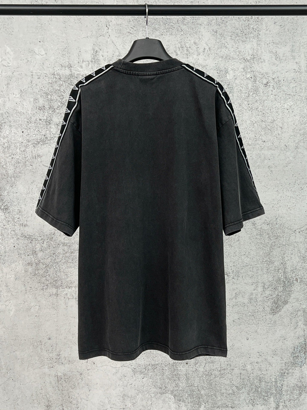 Artistic woven ribbon embellishment, washed and worn short sleeved T-shirt