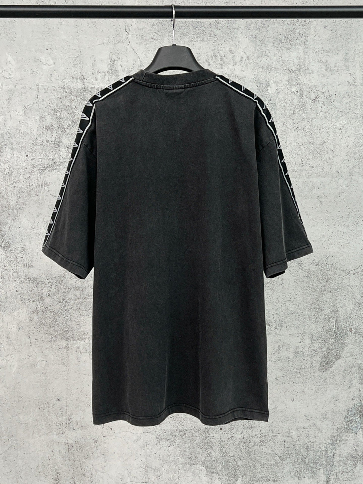 Artistic woven ribbon embellishment, washed and worn short sleeved T-shirt
