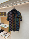 Color blocked jacquard single breasted short sleeved shirt